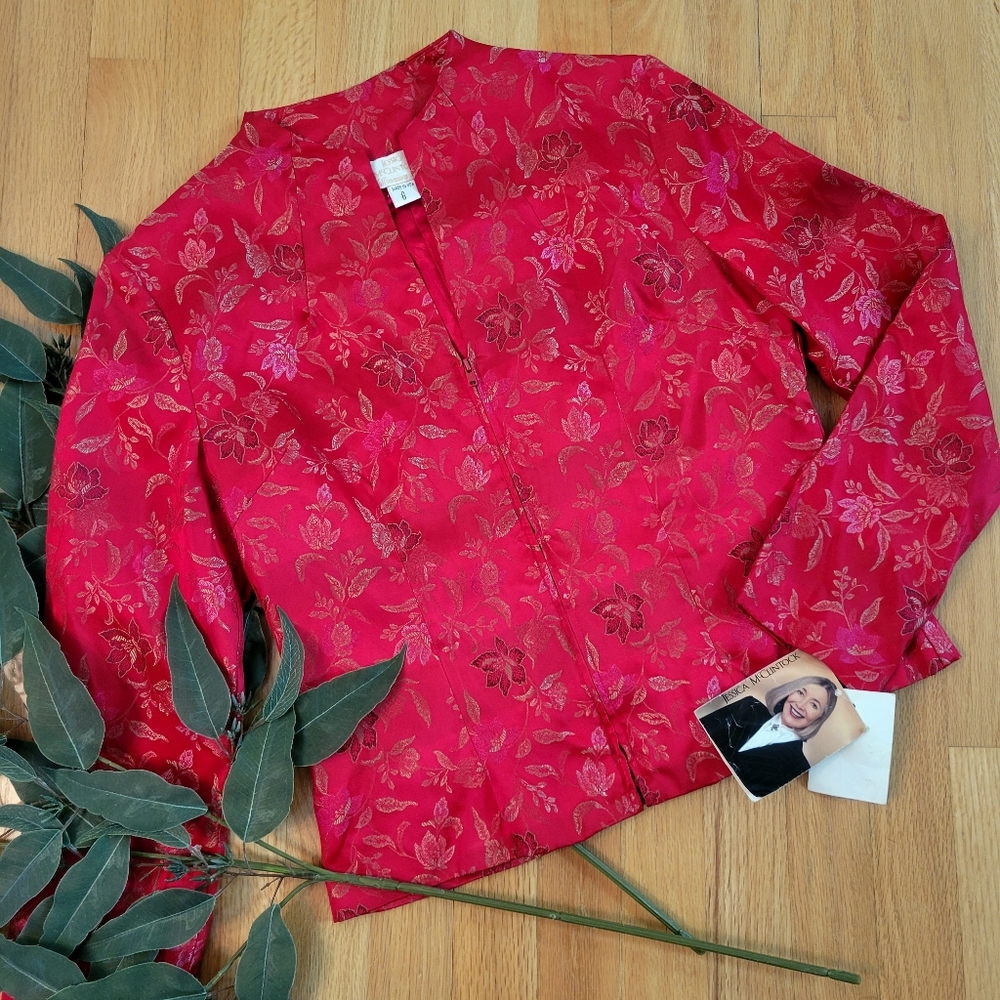 🌹 NWT Jessica McClintock "Millennium 2000" Red Brocade Zip Jacket Sz 8 - Y2K